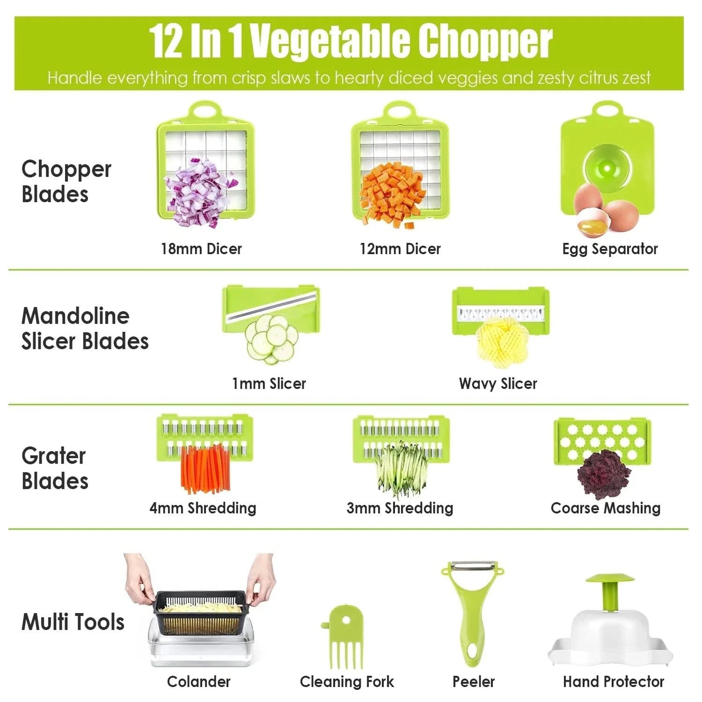 12 - in - 1 Vegetable Chopper with Container – Multifunction Food Slicer, Dicer & Grater Kitchen Utensils & Gadgets - Duly Kitchen