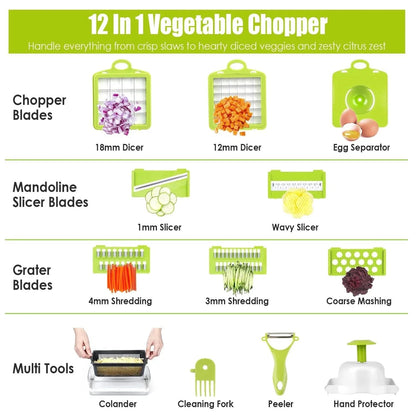 12 - in - 1 Vegetable Chopper with Container – Multifunction Food Slicer, Dicer & Grater Kitchen Utensils & Gadgets - Duly Kitchen
