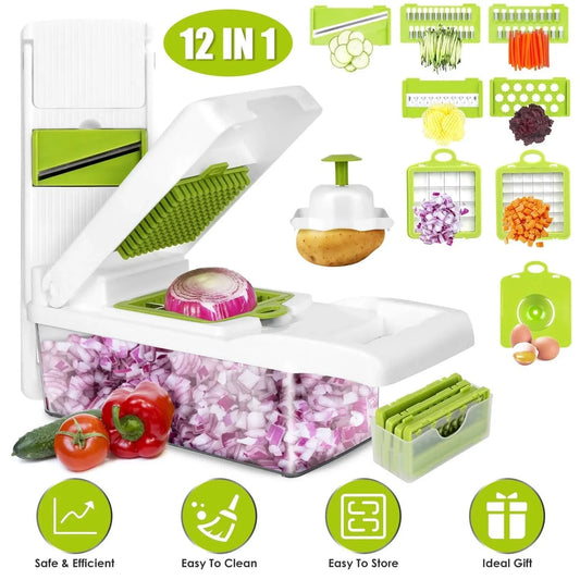 12 - in - 1 Vegetable Chopper with Container – Multifunction Food Slicer, Dicer & Grater Kitchen Utensils & Gadgets - Duly Kitchen