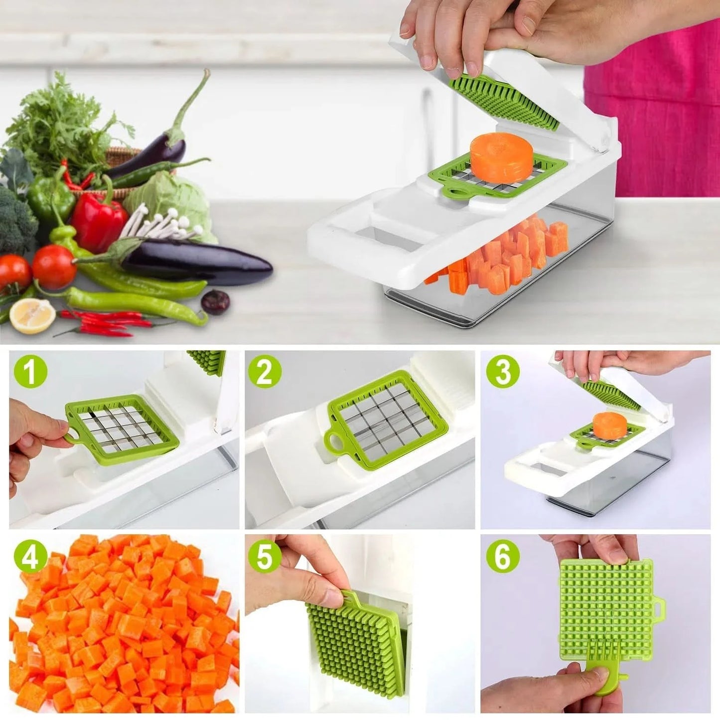 12 - in - 1 Vegetable Chopper with Container – Multifunction Food Slicer, Dicer & Grater Kitchen Utensils & Gadgets - Duly Kitchen