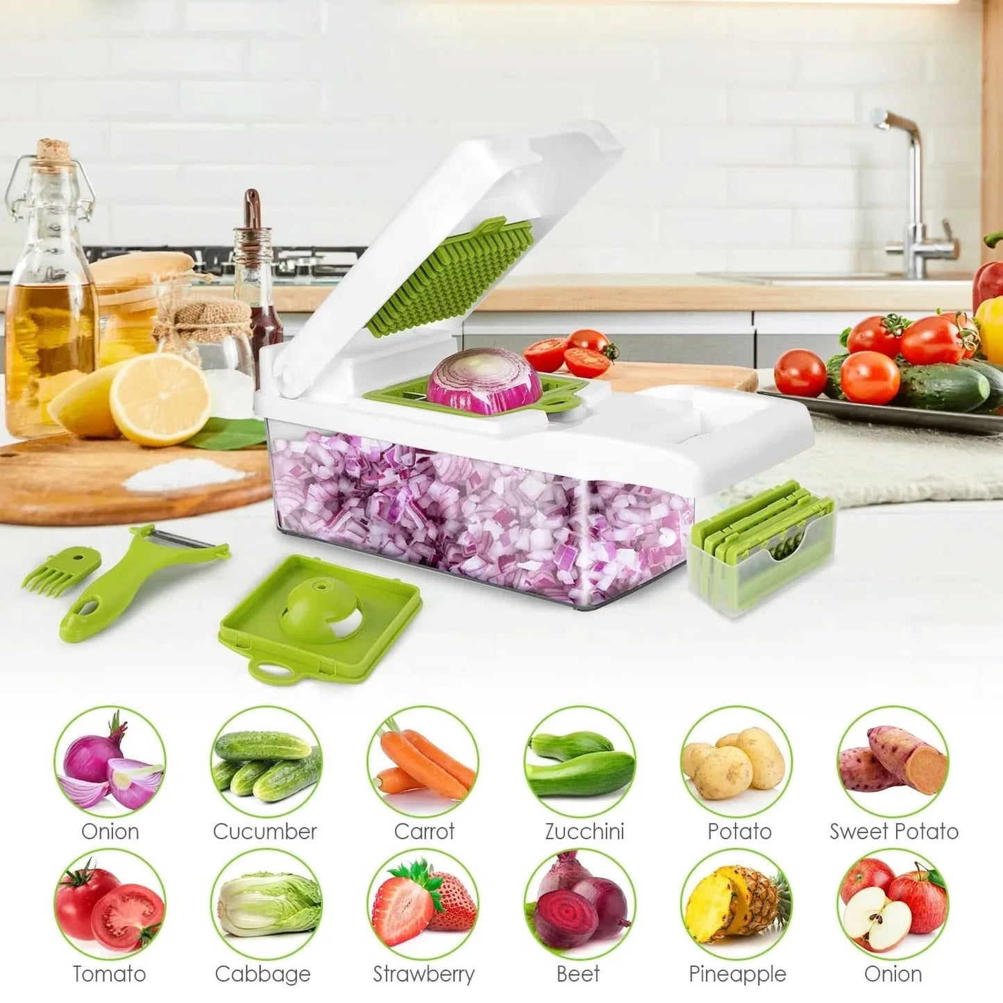 12 - in - 1 Vegetable Chopper with Container – Multifunction Food Slicer, Dicer & Grater Kitchen Utensils & Gadgets - Duly Kitchen