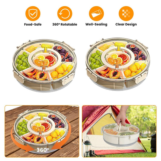 360° Rotating Divided Snack Tray with Lid – Portable Fruit & Candy Serving Container (6 Compartments) Kitchen Utensils & Gadgets - Duly Kitchen