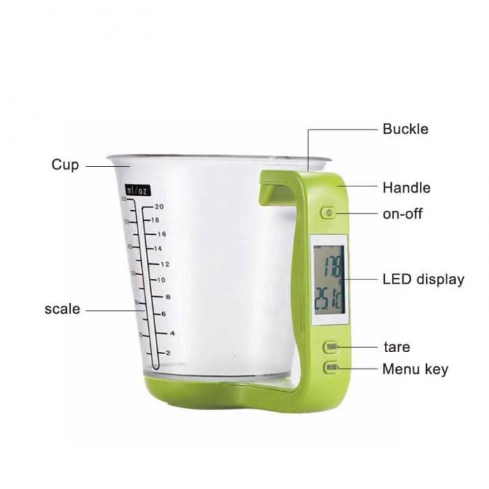 Digital measuring cup scale with labeled features including LCD display and tare function