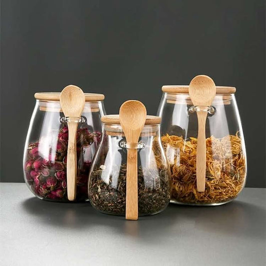 Glass Food Storage Jar with Bamboo Lid & Spoon – Airtight Snack & Grain Container Kitchen Utensils & Gadgets - Duly Kitchen