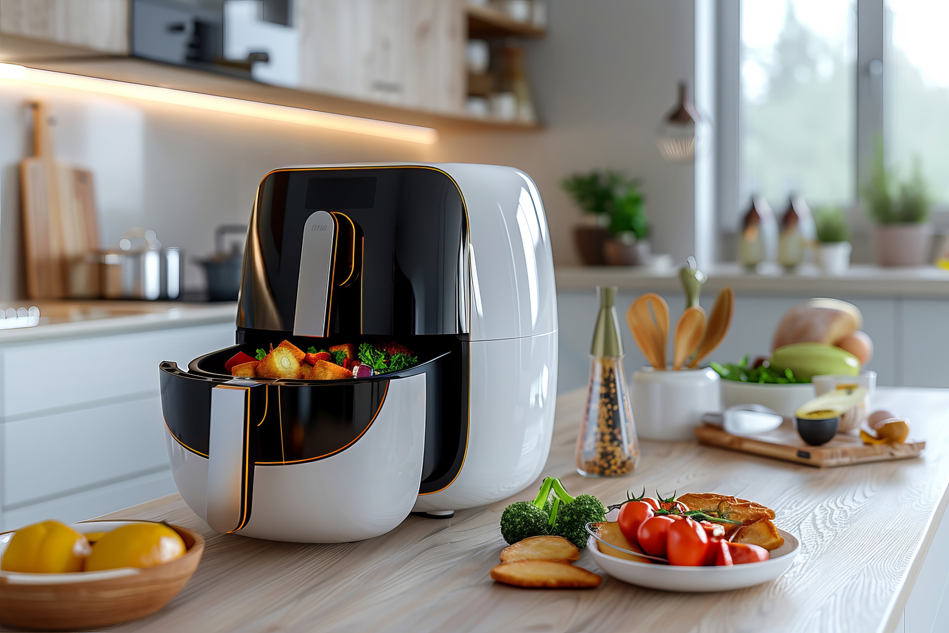Modern compact air fryer cooking crispy healthy food on kitchen counter perfect for oil free home cooking