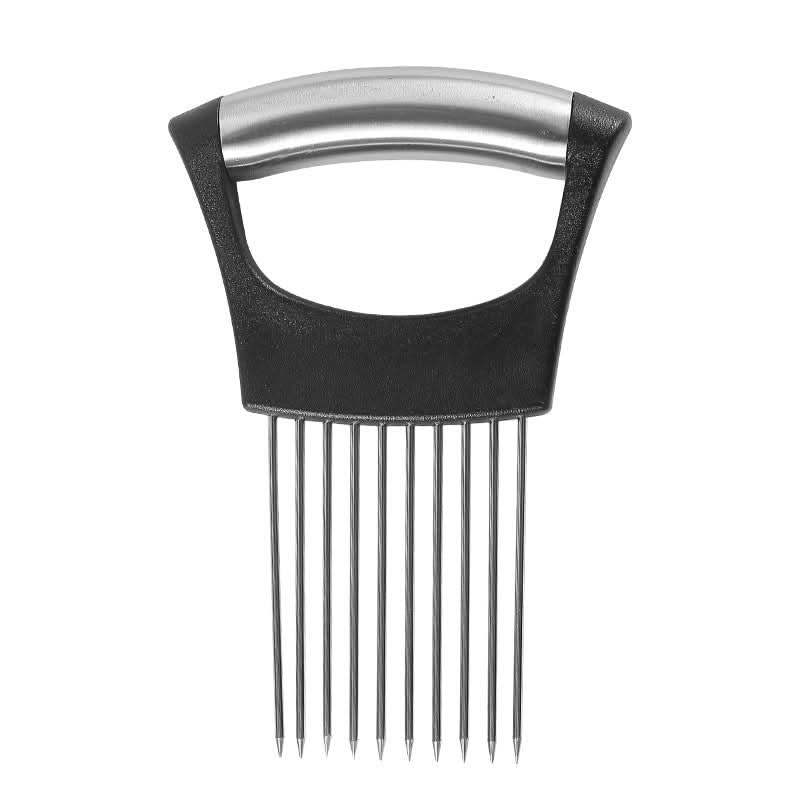 Stainless steel onion holder tool with sharp prongs for safe slicing