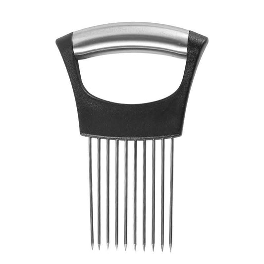 Stainless steel onion holder tool with sharp prongs for safe slicing