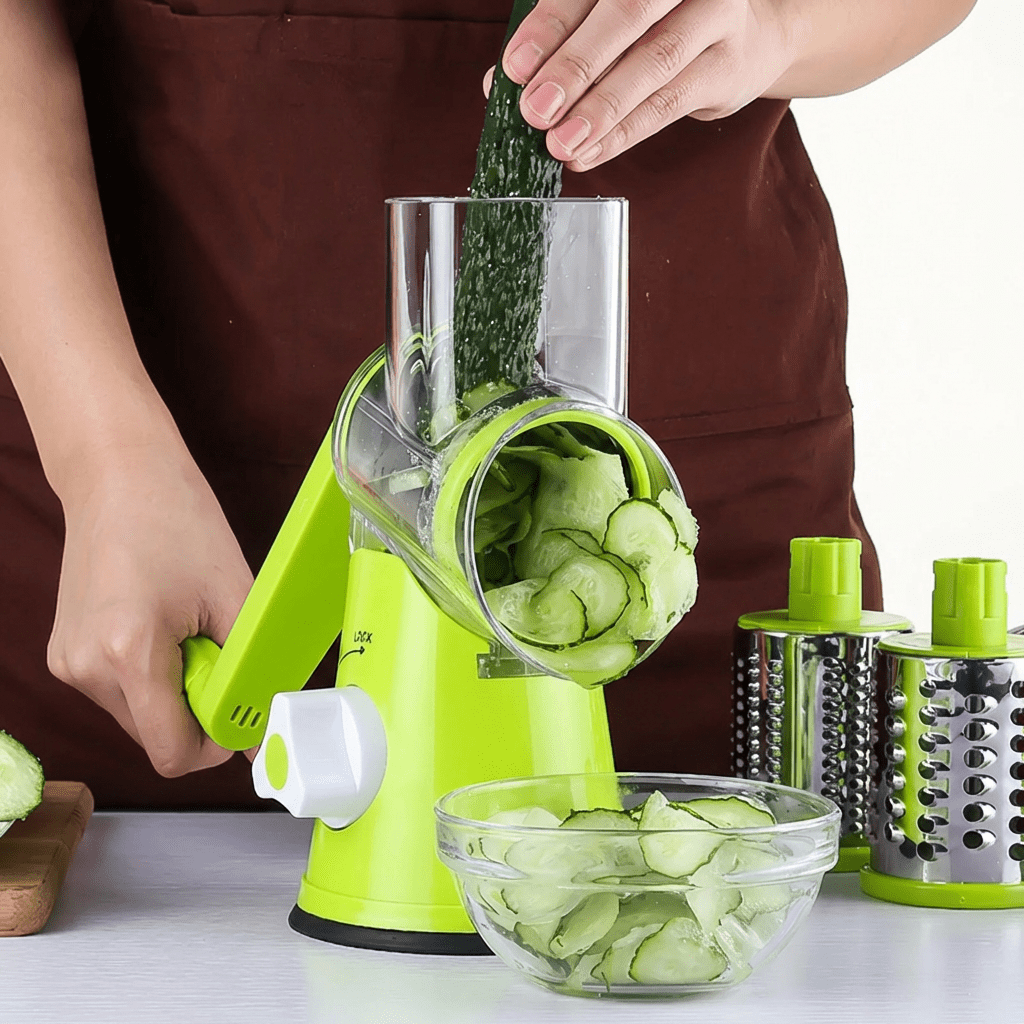 Vegetable Cutter Round Mandoline Slicer with 3 Drum Blades – Potato, Carrot & Cheese Grater Kitchen Utensils & Gadgets - Duly Kitchen