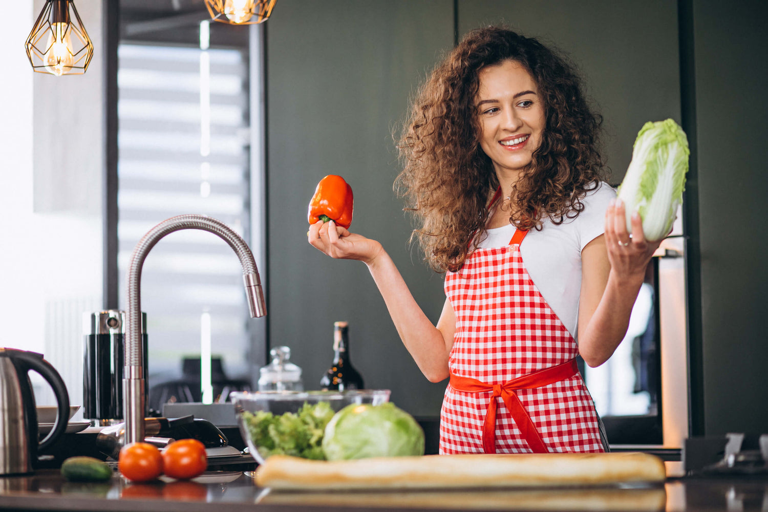 home cook preparing healthy vegetables in modern kitchen with fresh ingredients